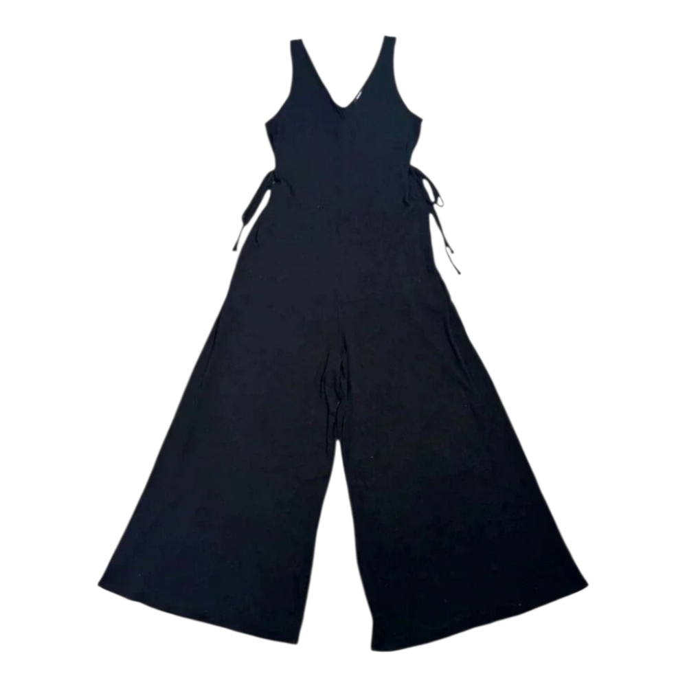 Alfani Jumpsuit Black Knit Ribbed Sleeveless Wide Crop Legs Women's Size Medium